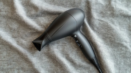 A sleek black hair dryer rests on a soft grey fabric surface, showcasing modern design and functionality, ideal for personal grooming and styling needs.の素材