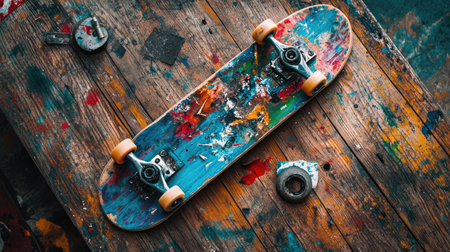 A vibrant skateboard rests on a wooden table covered in paint stains. This artistic image captures the energy and creativity of skate culture while showcasing a unique design.の素材