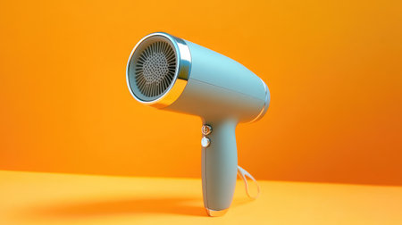 This stylish hair dryer features a sleek design on a vibrant orange background, perfect for showcasing beauty tools in a modern setting.の素材