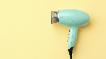 This image features a stylish aqua hair dryer against a soft yellow background, showcasing a modern and minimal design ideal for beauty and haircare themes.の素材
