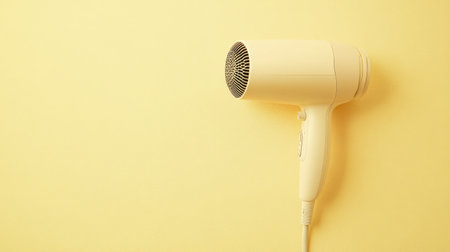A minimalist yellow hair dryer rests against a soft yellow background, showcasing a modern and chic design. Perfect for beauty and lifestyle concepts.の素材