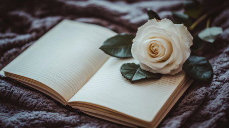 An open notebook rests on soft fabric, adorned with a beautiful white rose. This serene composition evokes feelings of creativity, beauty, and tranquility.の素材