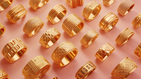 A captivating display of elegant gold rings showcasing unique designs. Ideal for fashion or jewelry projects. Each ring features intricate details and textures.の素材