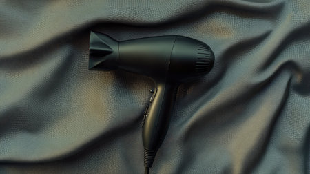 A sleek black hair dryer laid on a smooth fabric surface, ideal for beauty styling and personal care. This image highlights modernity and convenience in hair management.の素材
