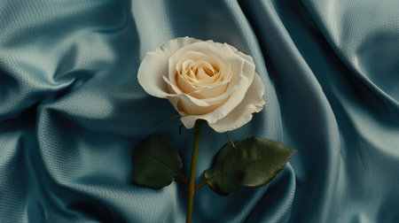A stunning white rose delicately placed on a soft blue silk fabric, creating a beautiful contrast. This elegant image captures the essence of nature's beauty and tranquility.の素材