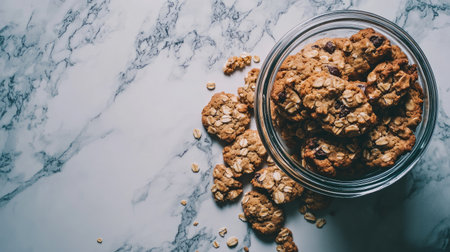 A tempting assortment of homemade oatmeal cookies sits in a glass jar on a marble surface, perfect for gatherings or personal treats. These cookies promise a delightful crunch and rich flavors.の素材