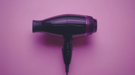 A sleek black hair dryer elegantly positioned against a vibrant pink backdrop, showcasing modern beauty trends and stylish home essentials for personal care.の素材