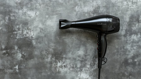 A sleek black hair dryer positioned on a textured gray surface. Ideal for beauty and wellness projects. This versatile hair styling tool offers powerful performance for salon-like results at home.の素材
