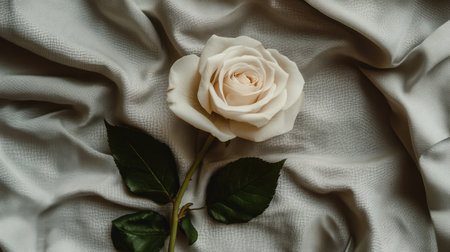 A beautiful white rose rests gently on soft silky fabric, creating an elegant and serene atmosphere perfect for floral design or romantic themes.の素材