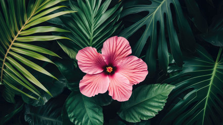 A stunning pink hibiscus flower stands out against a backdrop of vivid green tropical leaves, showcasing the beauty of nature and creating a lush, serene atmosphere.の素材