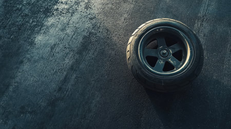 A black racing tire rests on a dark asphalt surface, illuminated by natural light. The image highlights the tire's texture and details, ideal for automotive themes.の素材