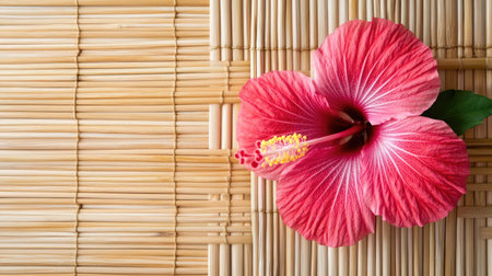 A striking pink hibiscus flower rests elegantly on a natural bamboo mat, embodying tranquility and beauty. Perfect for serene decor and nature lovers.の素材