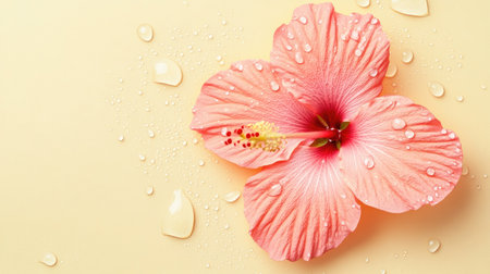 A beautiful close-up of a fresh hibiscus flower with vibrant pink petals and water drops, set against a soft yellow background, perfect for nature lovers.の素材