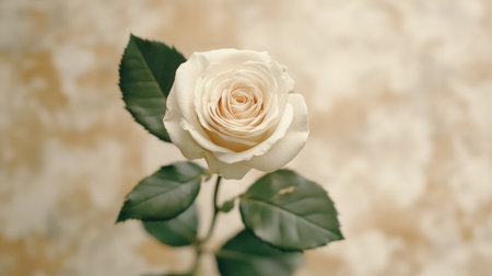 A stunning close-up of an elegant white rose showcasing its intricate petals and vibrant green leaves, set against a soft, blurred background. Perfect for romantic themes and natural beauty.の素材