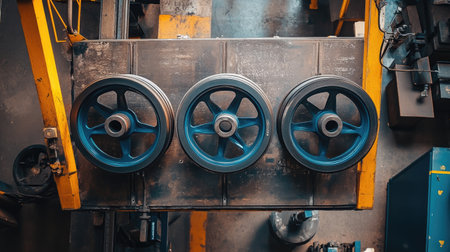 A close-up view of three industrial wheels in a factory setting, showcasing details and vibrant colors. Perfect for themes of manufacturing and technology.の素材