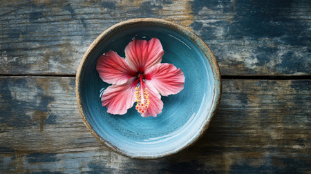 A beautiful pink hibiscus flower floats delicately in a blue bowl, positioned on a rustic wooden table. This serene image evokes tranquility and natural beauty.の素材