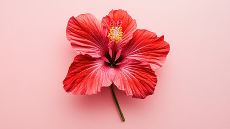 A stunning hibiscus flower in vibrant red hues sits elegantly against a soft pink background. This beautiful bloom is perfect for design projects that seek a tropical, fresh aesthetic.の素材