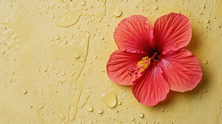 A stunning pink hibiscus flower rests gracefully on a textured yellow background. The flower features droplets of water, adding a fresh and vibrant touch to the scene.の素材