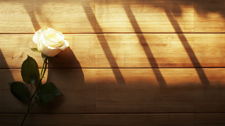 A stunning white rose delicately rests on a wooden surface, illuminated by soft natural light. The shadows create an elegant play, enhancing the serene beauty of the flower.の素材