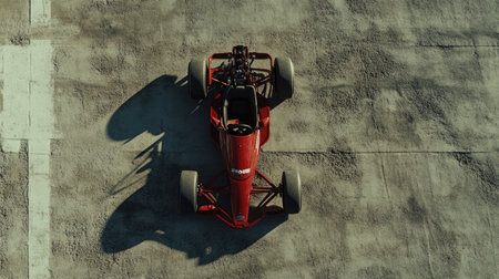 Capture the essence of speed with this aerial view of a sleek red racing car on a deserted asphalt track, showcasing design and thrilling performance in a stunning setting.の素材