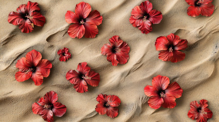 A stunning arrangement of red hibiscus flowers set against a sandy beach background. This vibrant composition captures natural beauty and serenity, perfect for various creative projects.の素材