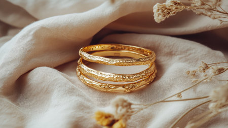 Discover the beauty of elegant gold bangles arranged on soft fabric, complemented by delicate dried flowers, creating a warm and sophisticated composition.の素材