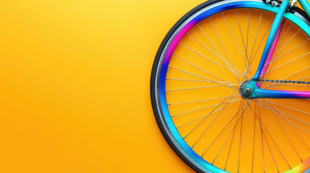 A close-up of a vibrant bicycle wheel set against a bright yellow background, showcasing vivid colors and artistic design elements that evoke energy and fun.の素材