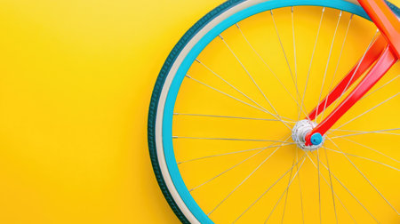 A vibrant bicycle wheel with a colorful frame against a bright yellow background, showcasing modern design and playful energy perfect for summer themes.の素材