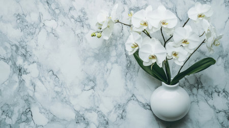 A stunning display of elegant white orchids in a simple white vase atop a smooth marble surface, creating a serene and sophisticated atmosphere. Perfect for home decor.の素材