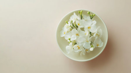 A stunning arrangement of white orchid flowers rests gracefully in a shallow bowl, set against a soft background, evoking serenity and simplicity.の素材