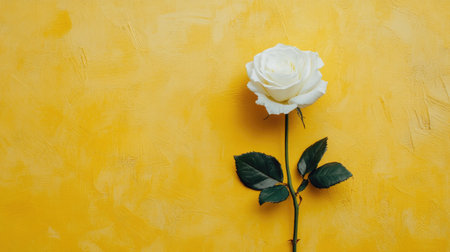 A stunning white rose stands elegantly against a vibrant yellow background, symbolizing purity and freshness. This beautiful floral imagery captures nature's art perfectly.の素材