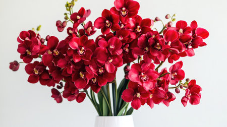 A stunning arrangement of vibrant red orchids in a sleek white vase, perfect for adding elegance and freshness to any space, creating a serene atmosphere.の素材