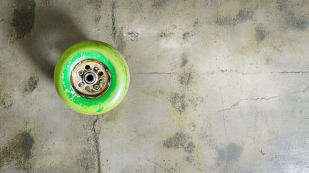 This close-up image features a vibrant green skateboard wheel resting on a textured concrete surface, offering a modern aesthetic perfect for sports or lifestyle themes.の素材