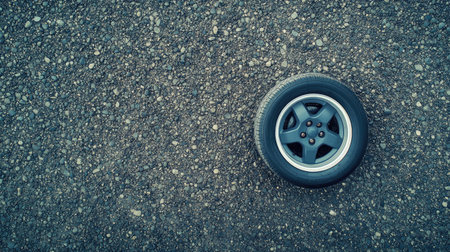 A lone tire sits on a rough asphalt surface, showcasing textural details and the uniqueness of automotive design against a gritty background.の素材