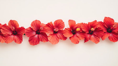 This image features vibrant red hibiscus flowers elegantly arranged against a soft cream background, perfect for evoking tropical beauty and serene relaxation.の素材