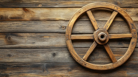 A vintage wooden wheel set against a rustic wooden background adds a charming touch to home decor. Perfect for crafting and design projects.の素材