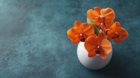 This stunning arrangement features vibrant orange orchid flowers gracefully displayed in a sleek white vase against a textured teal background. Perfect for home decor.の素材