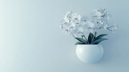 A beautifully arranged bouquet of white orchids in a sleek minimalist vase, set against a soft background, perfect for enhancing any modern interior space.の素材