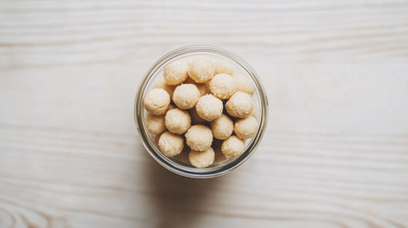 A beautifully arranged glass jar filled with round sweet snacks, placed on a wooden table. Ideal for showcasing delicious treats in a cozy setting.の素材