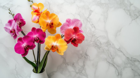 A stunning arrangement of colorful orchids in a white vase against a marble backdrop. This image captures the beauty and elegance of flowers, perfect for home decor inspiration.の素材