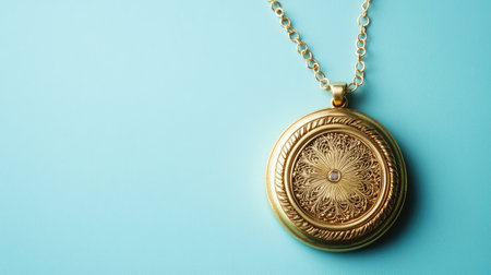 Beautiful gold locket displayed on a soft, solid background. This elegant piece features intricate floral designs and a subtle gemstone, perfect for special occasions.の素材