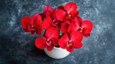 A stunning arrangement of bright red orchids in a white pot, set against a textured grey background. This vibrant floral display adds beauty and elegance to any space.の素材