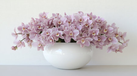 This stunning display showcases a vibrant arrangement of soft pink orchids in a sleek white bowl. Perfect for enhancing any interior space.の素材