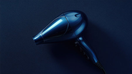 A sleek modern hair dryer placed on a dark textured surface, showcasing its shiny design and professional features, ideal for beauty and grooming applications.の素材