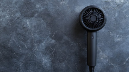 A sleek black hair dryer rests on a textured grey surface, showcasing its modern design and style. Ideal for beauty and appliance themes.の素材