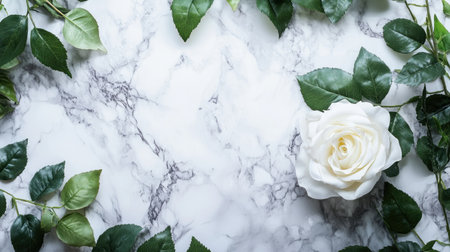 A stunning white rose elegantly positioned among green leaves on a marble surface. This composition captures the essence of beauty and nature. Perfect for use in various design projects.の素材