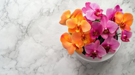 A stunning arrangement of vibrant orchid flowers in pink and orange hues sits in a white pot on a beautiful marble surface, creating an elegant and fresh atmosphere.の素材