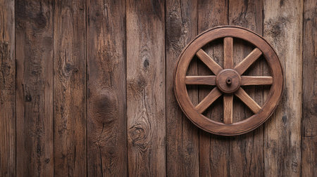 This image features a rustic wooden wheel beautifully mounted on a textured wooden wall, evoking a sense of history and craftsmanship, ideal for decoration.の素材