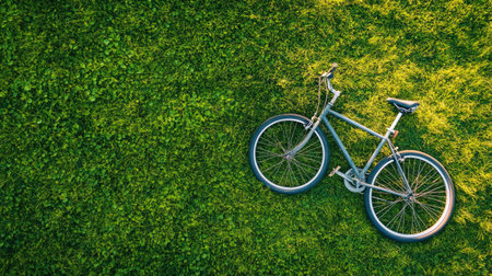A bicycle lies on vibrant green grass, capturing the essence of outdoor leisure. This image evokes feelings of tranquility and adventure in nature.の素材