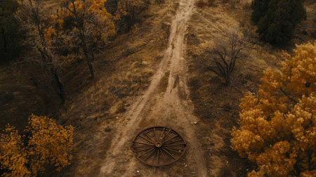 An aerial view of a rustic wooden wheel set against a dirt road, surrounded by vibrant autumn trees in shades of gold and orange. A serene landscape.の素材